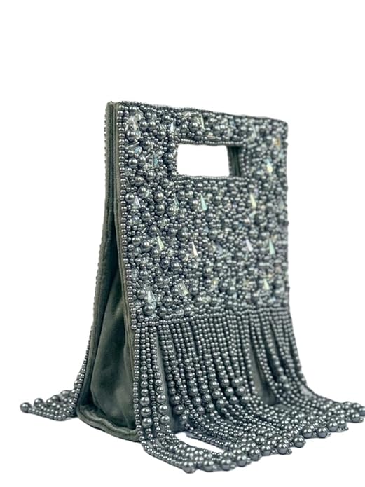 Black Beaded Evening Clutch, Crystal Embellished with Fringe, Vintage Flapper-Inspired Tote Bag