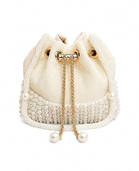 Pearl-Embellished Ivory Bucket Bag, Drawstring Pouch with Gold-Toned Hardware, Bridal Evening Purse