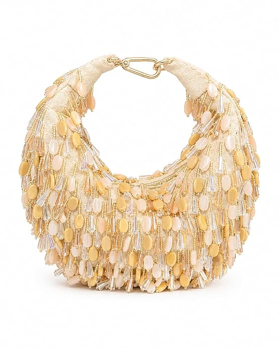 Beaded Hobo Handbag, Gold, Crystal Accents, Handcrafted, Evening Party Bag for Women