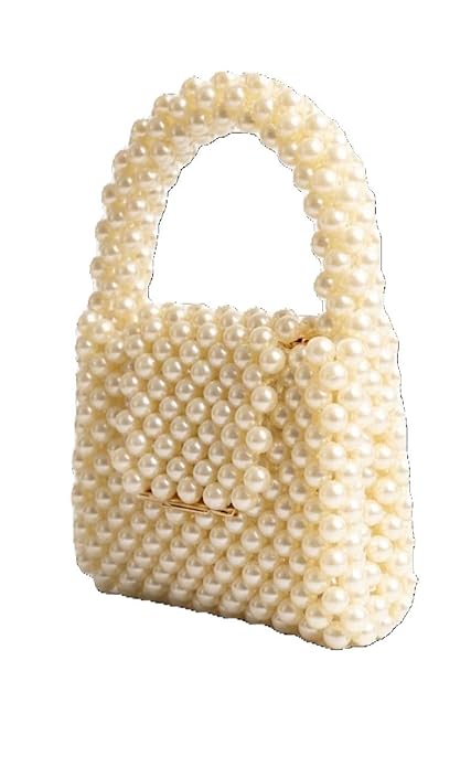 Pearl Beaded Mini Top-Handle Bag, Ivory Faux Pearl, Handcrafted Structured Woven Design, Bridal Clutch Purse