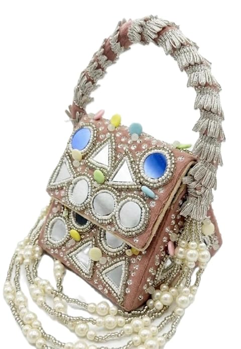 Dusty Pink Velvet Pyramid Handbag with Mirror Work, Crystal Beads, Pearl Strands and Silver Fringe Handle