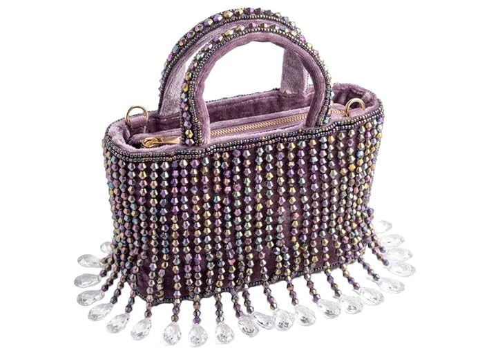 Mauve Velvet Crystal Fringe Mini Tote Bag, Iridescent Beaded Handbag with Detachable Chain Strap, Evening Crossbody Purse