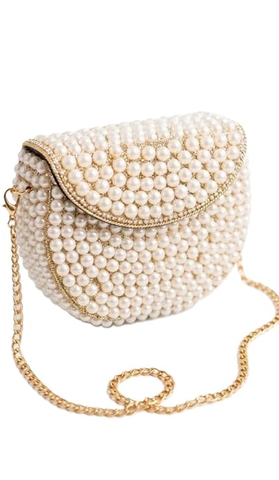 Pearl Beaded Saddle Crossbody Bag, Ivory Faux Pearl, Half-Moon Silhouette, Gold-Tone Chain Strap, Evening Clutch for Weddings