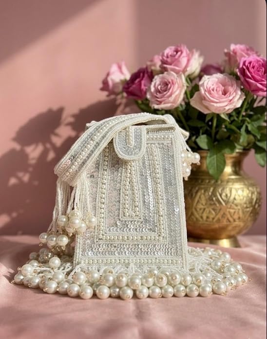 Ivory Silver Bridal Potli Bag with Pearl Fringe, Sequin Beadwork, Geometric Embroidery, Wedding Clutch