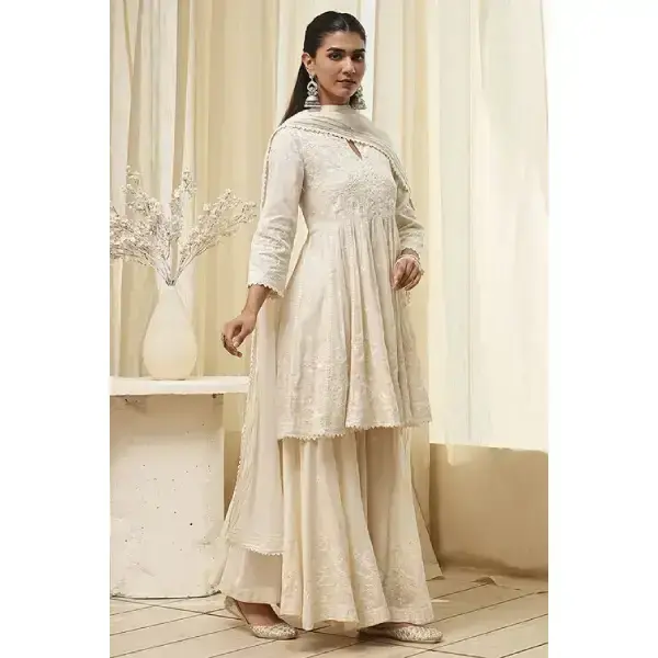 BIBA-Off-White Cotton Embroidered Flared Suit Set