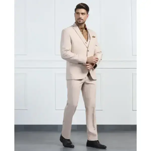 BLACKBERRYS-Three Piece Beige Solid Formal Suit - Randle