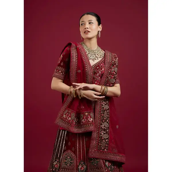 Manyavar-Maroon Floral Aari Embroidered Bridal Lehenga