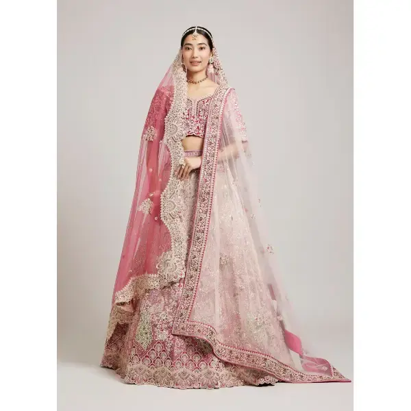 Manyavar-Exquisite Dusty Light Pink Velvet Crop Top Bridal Lehenga with Embroidery