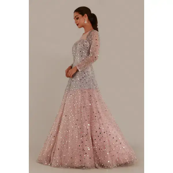 SEASONS-BABY PINK SHIMMERY TULLE GOWN WITH ILLUSION NECKLINE AND SILVER STONE AND MIRROR EMBELLISHMENTS