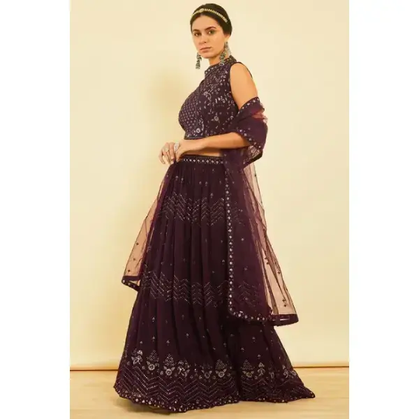 Soch-Wine Sequins Embellished Georgette Lehenga Choli with Dupatta