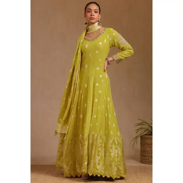 SEASONS-Mustard Georgette Zari Woven Gown With Zardosi