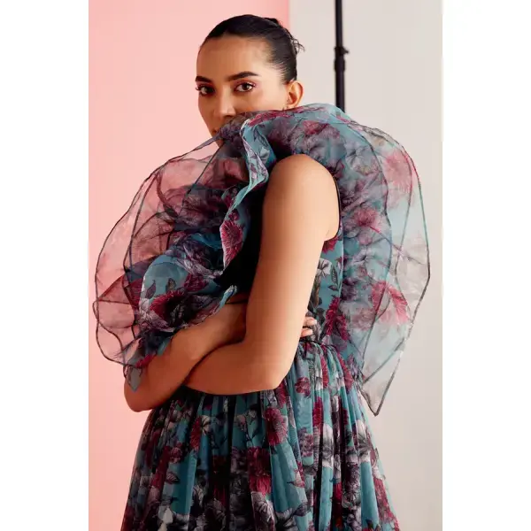 ZABBELA-Botanic Ruffled Tulle Midi Dress