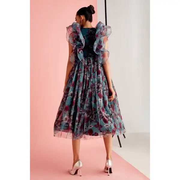 ZABBELA-Botanic Ruffled Tulle Midi Dress